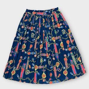 80s Alfred Dunner Navy Pleated Midi Skirt Medals Chain Print Scarf‎ Preppy Sz 10